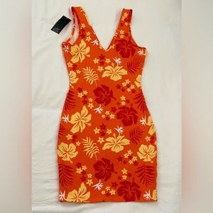Orange floral patterned bodycon dress size small